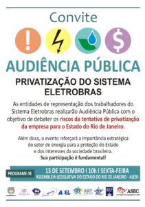 Read more about the article Audiência pública na ALERJ vai debater a tentativa de privatização da Eletrobras