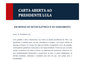 Leia mais sobre o artigo Urbanitários protocolam Carta ao Presidente Lula em defesa do setor elétrico e de saneamento